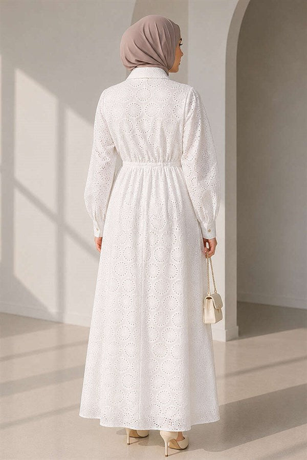 Full-Length Embroidered Dress with Gold Buttons and Waist Tunnel, White
