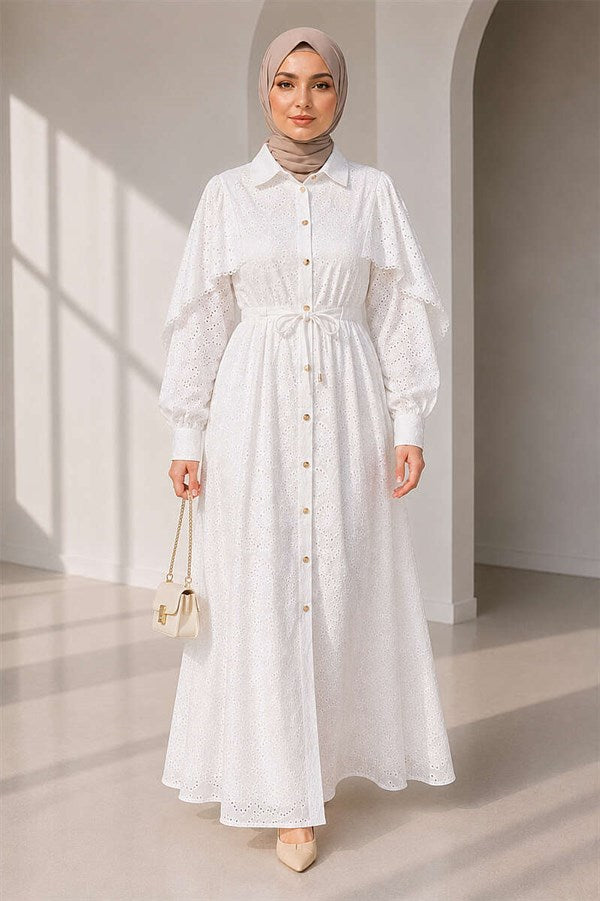 Full-Length Embroidered Dress with Gold Buttons and Waist Tunnel, White