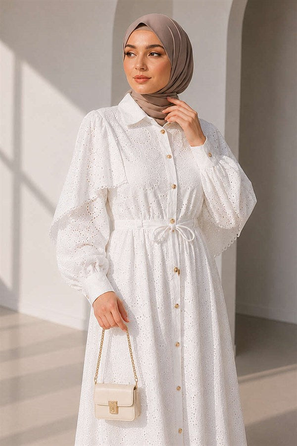 Full-Length Embroidered Dress with Gold Buttons and Waist Tunnel, White