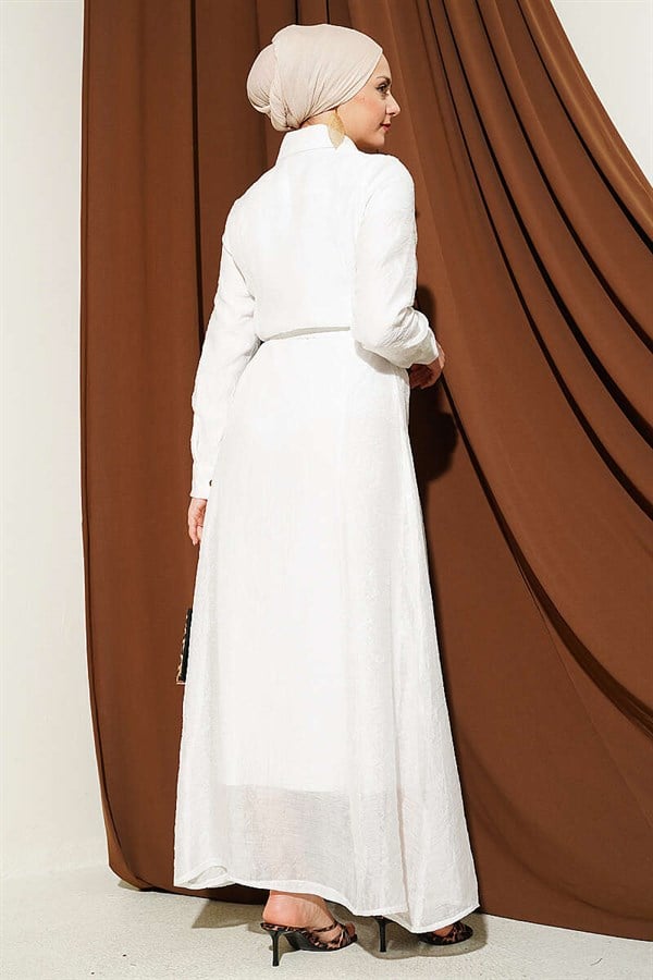 Full-Length Dress with Gold Buttons and Belt, White