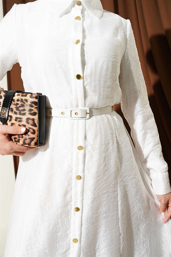 Full-Length Dress with Gold Buttons and Belt, White