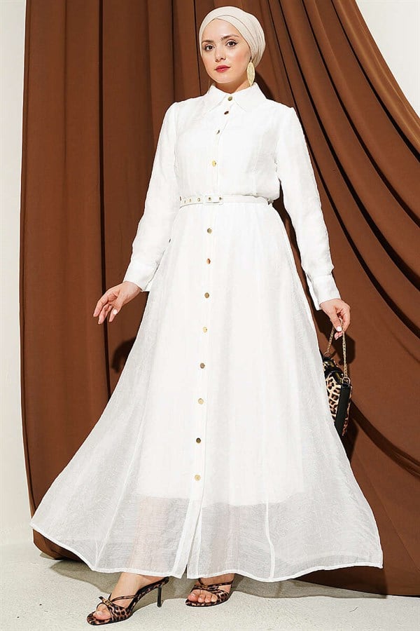 Full-Length Dress with Gold Buttons and Belt, White