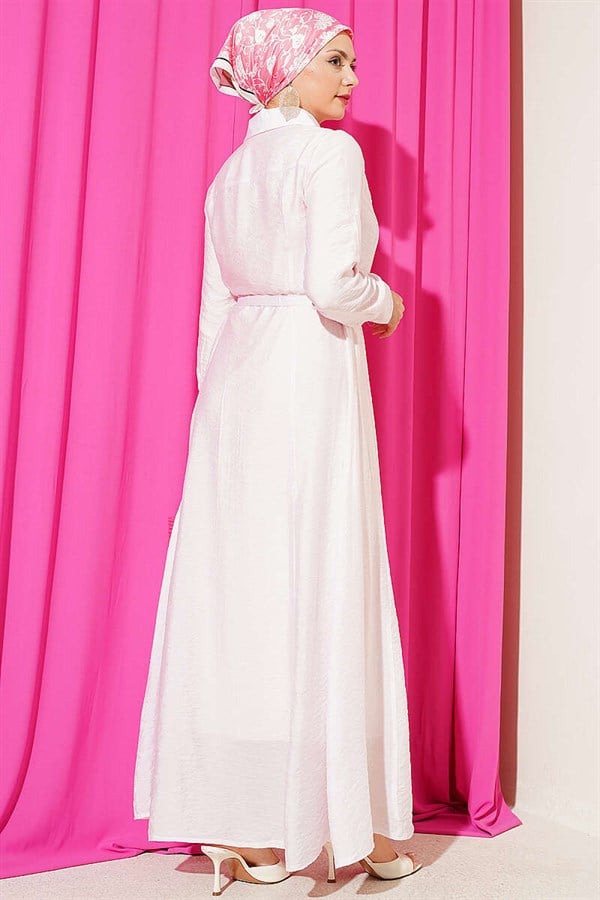 Pink Full-Length Dress with Gold Buttons and Belt