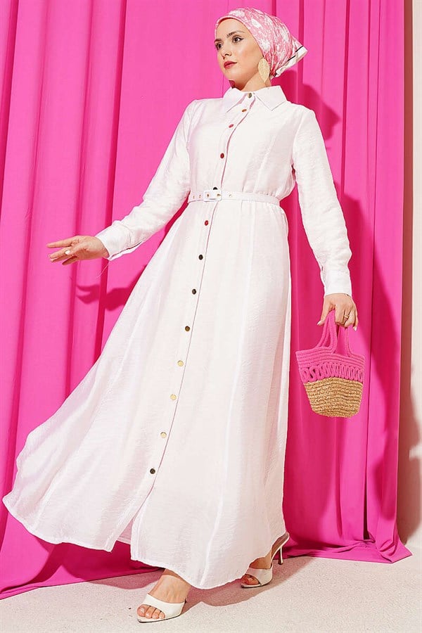 Pink Full-Length Dress with Gold Buttons and Belt