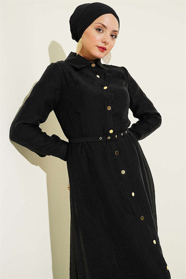 Full-Length Dress with Gold Buttons and Belt, Black