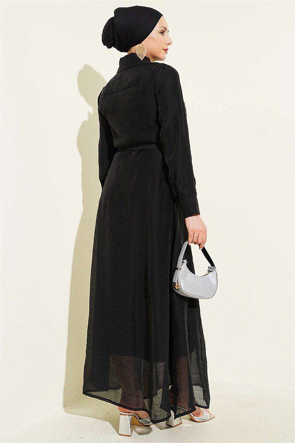 Full-Length Dress with Gold Buttons and Belt, Black
