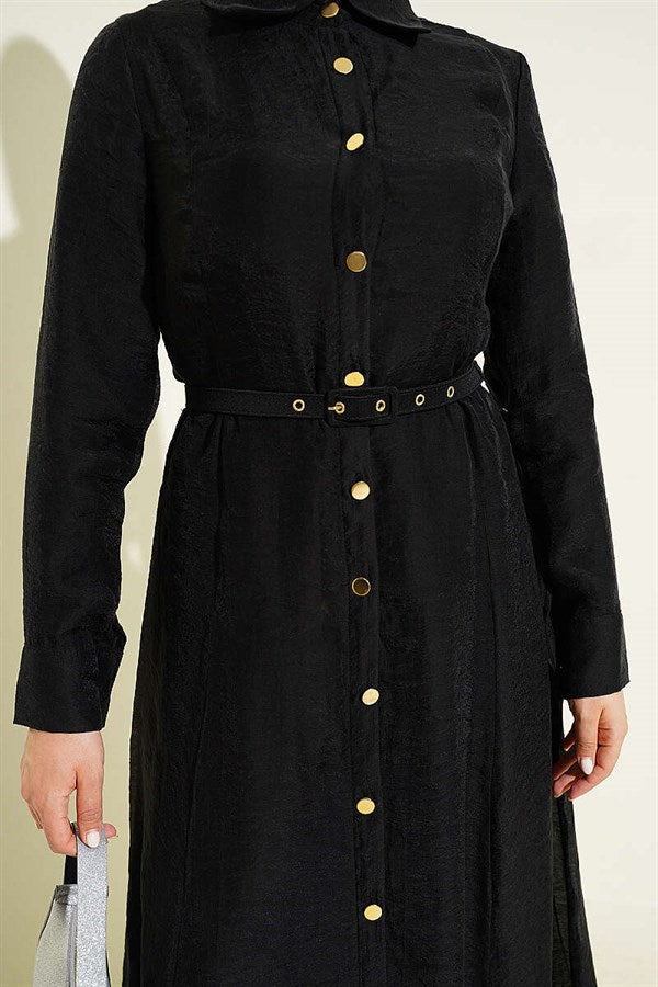 Full-Length Dress with Gold Buttons and Belt, Black