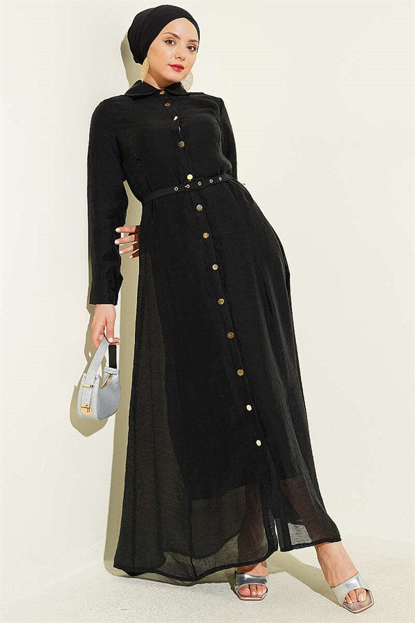 Full-Length Dress with Gold Buttons and Belt, Black