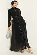Full-Length Dress with Gold Buttons and Belt, Black