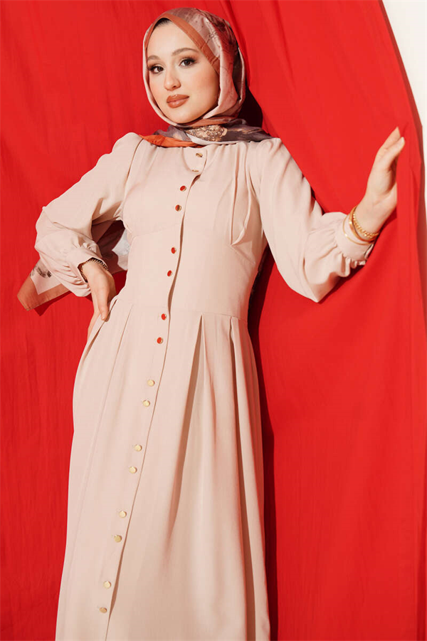 Full-Length Dress with Gold Buttons and Darts, Beige