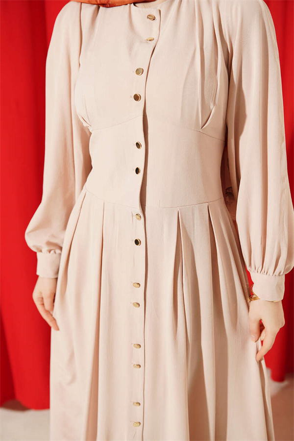 Full-Length Dress with Gold Buttons and Darts, Beige