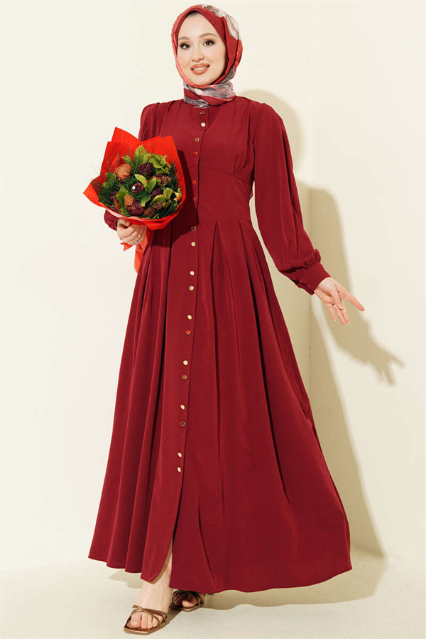 Full-Length Dress with Gold Buttons and Darts, Burgundy