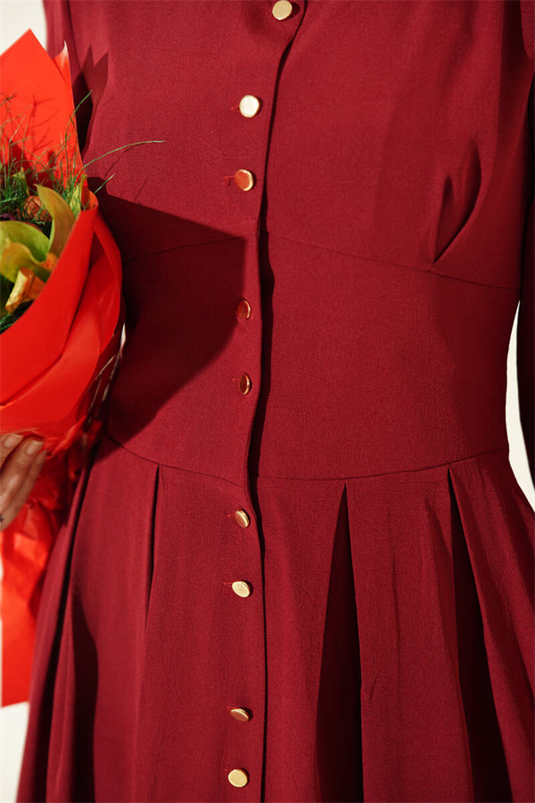 Full-Length Dress with Gold Buttons and Darts, Burgundy