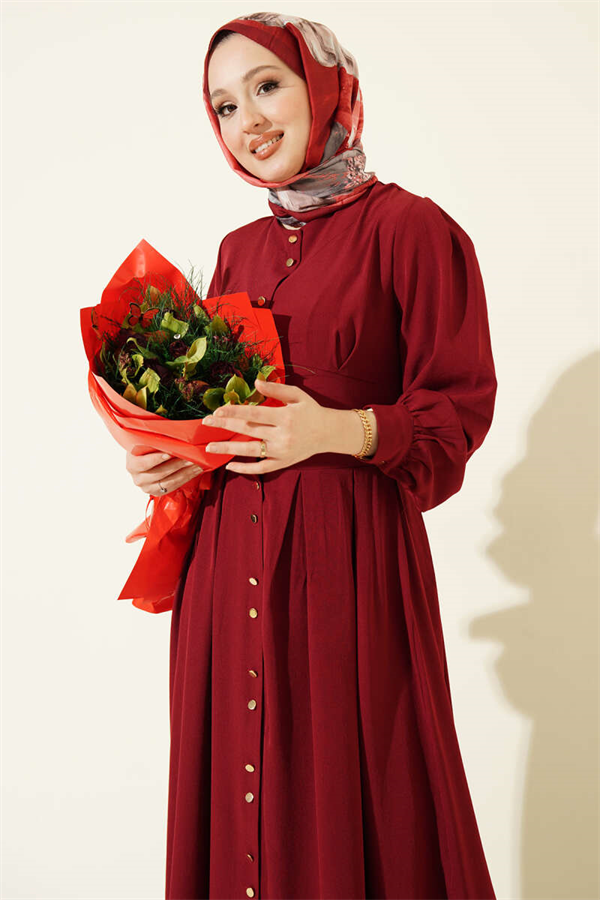 Full-Length Dress with Gold Buttons and Darts, Burgundy