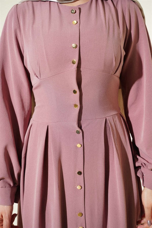 Full-Length Dress with Gold Buttons and Darts, Rose Pink