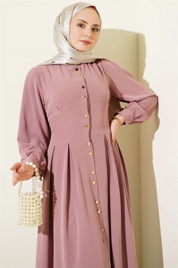 Full-Length Dress with Gold Buttons and Darts, Rose Pink