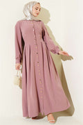 Full-Length Dress with Gold Buttons and Darts, Rose Pink