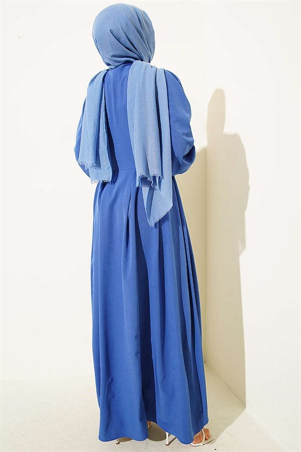 Full-Length Dress with Gold Buttons and Darts, Indigo