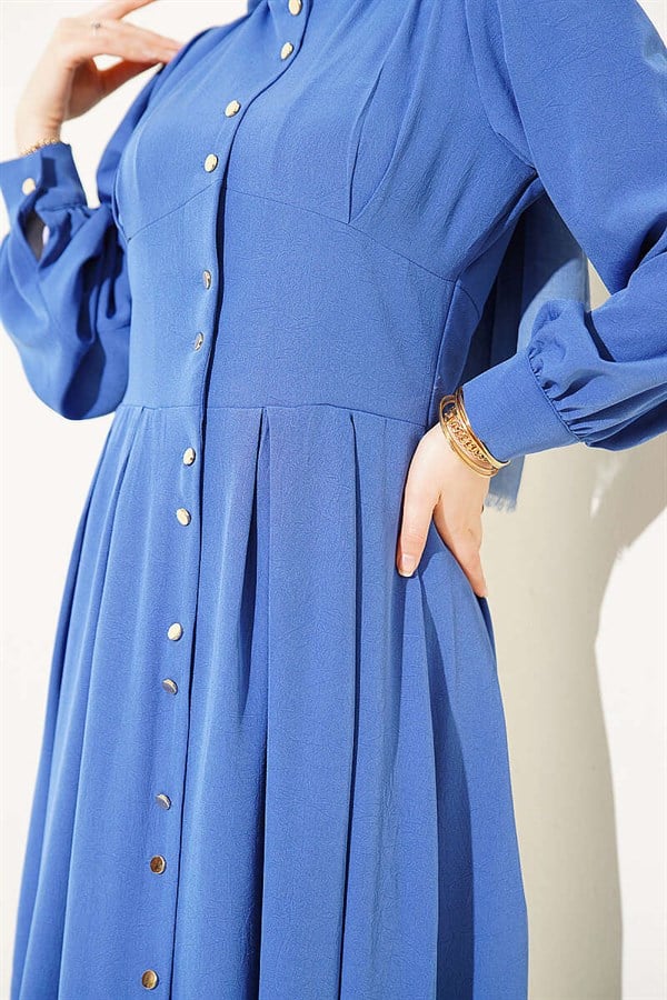 Full-Length Dress with Gold Buttons and Darts, Indigo
