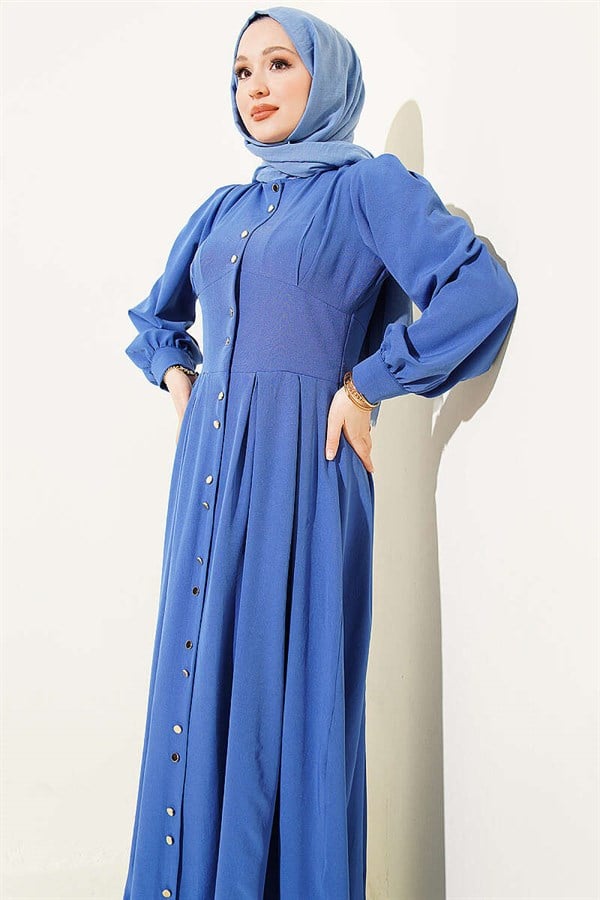 Full-Length Dress with Gold Buttons and Darts, Indigo