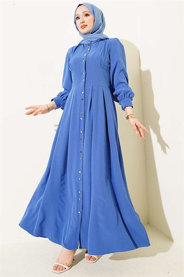 Full-Length Dress with Gold Buttons and Darts, Indigo