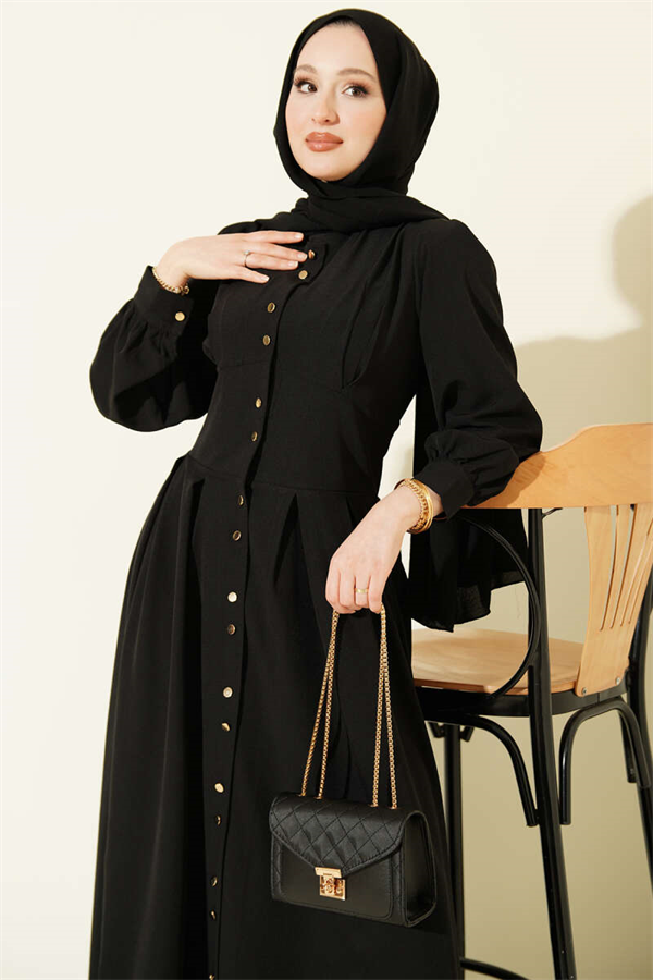 Full-Length Dress with Gold Buttons and Darts, Black