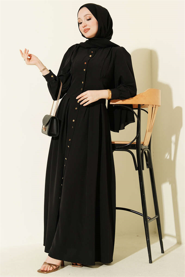 Full-Length Dress with Gold Buttons and Darts, Black