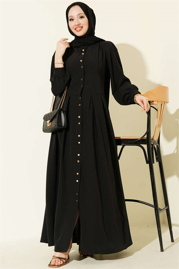 Full-Length Dress with Gold Buttons and Darts, Black