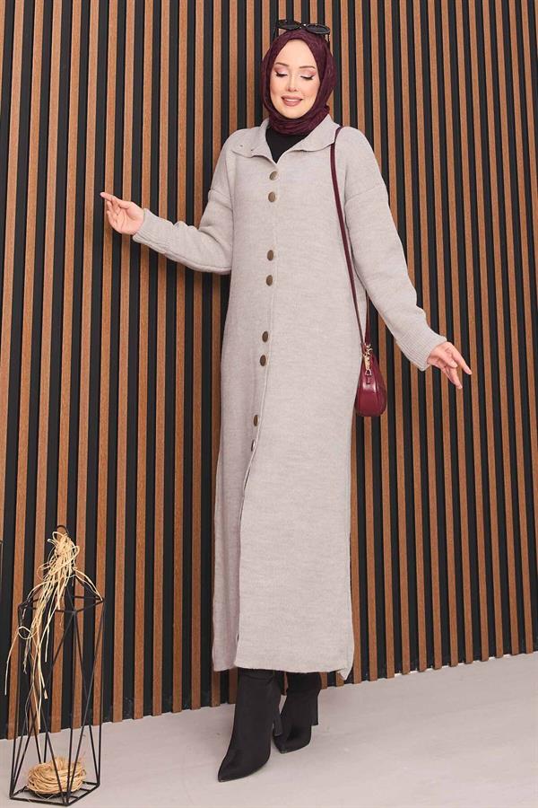 Hijab Knitted Cardigan with Gold Buttons Throughout Stone