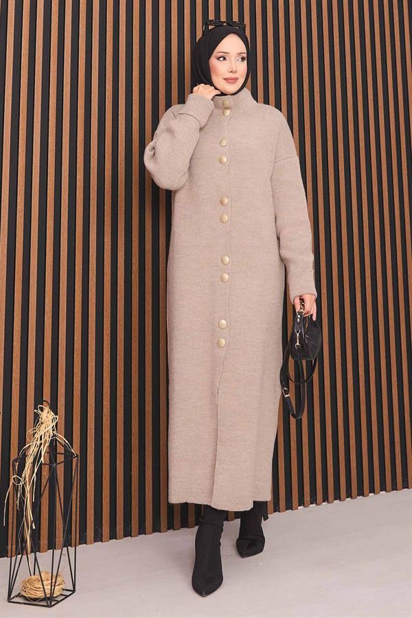 Mink Hijab Knitted Cardigan with Gold Buttons Throughout