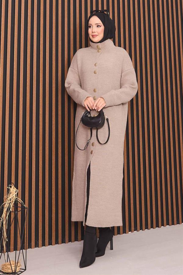 Mink Hijab Knitted Cardigan with Gold Buttons Throughout