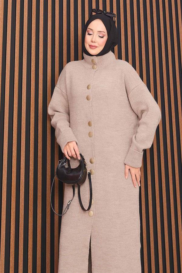 Mink Hijab Knitted Cardigan with Gold Buttons Throughout
