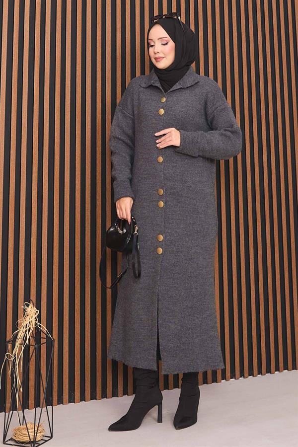 Hijab Knitted Cardigan with Gold Buttons Throughout Anthracite