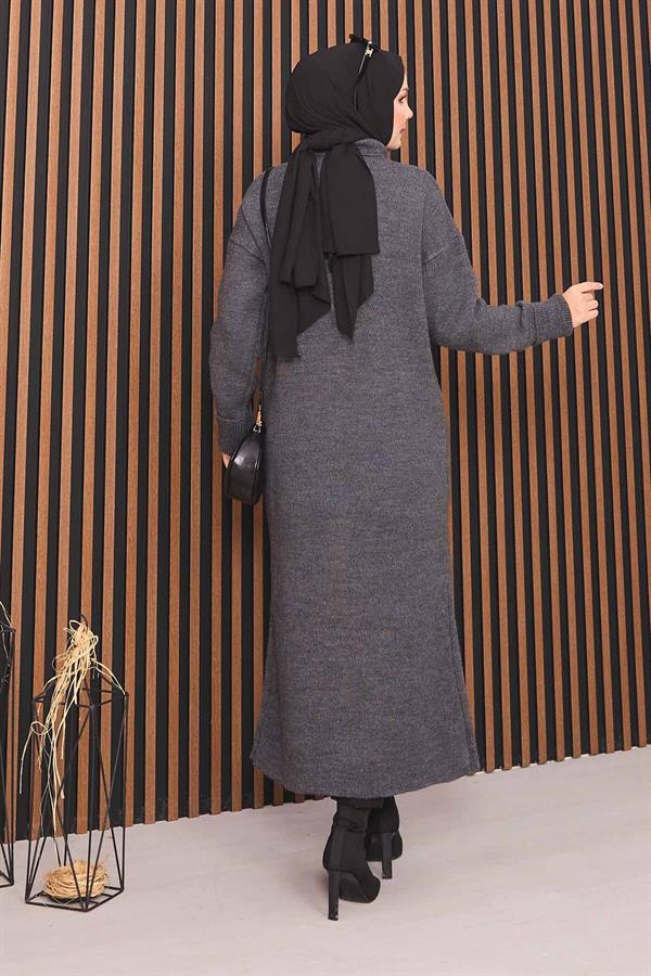 Hijab Knitted Cardigan with Gold Buttons Throughout Anthracite