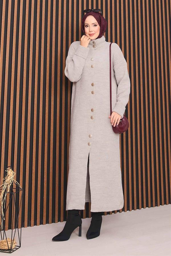 Hijab Knitted Cardigan with Gold Buttons Throughout Stone