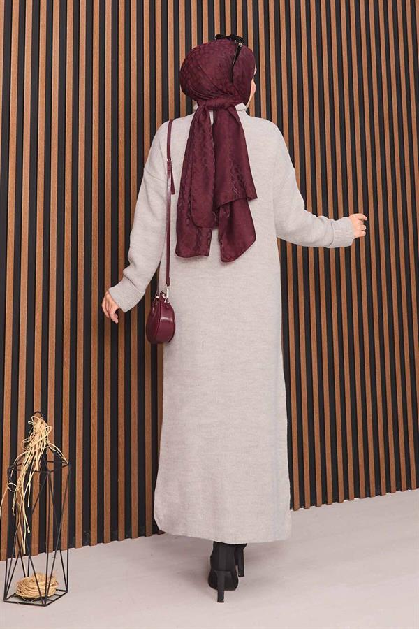 Hijab Knitted Cardigan with Gold Buttons Throughout Stone