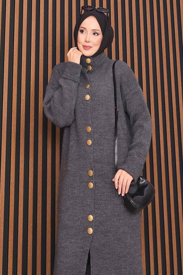 Hijab Knitted Cardigan with Gold Buttons Throughout Anthracite
