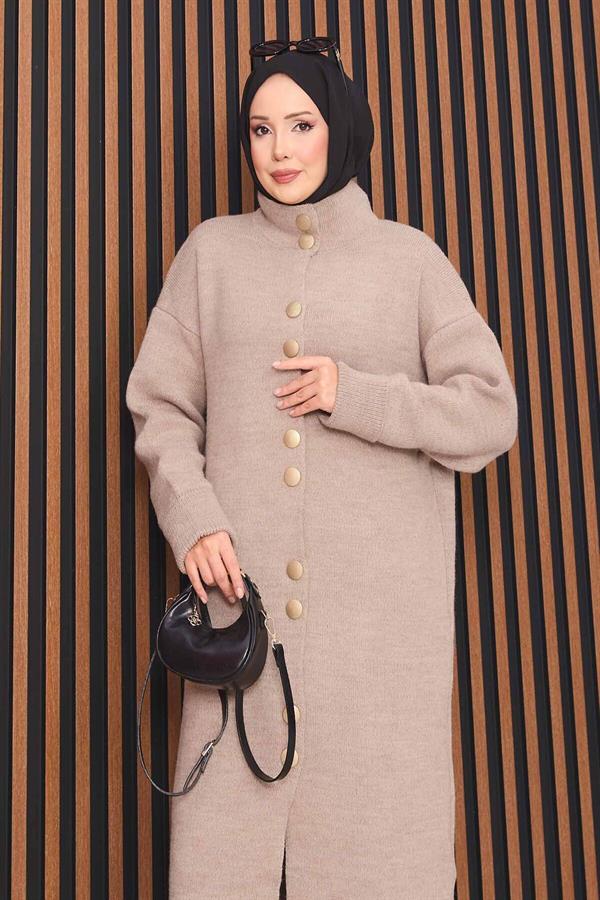 Mink Hijab Knitted Cardigan with Gold Buttons Throughout