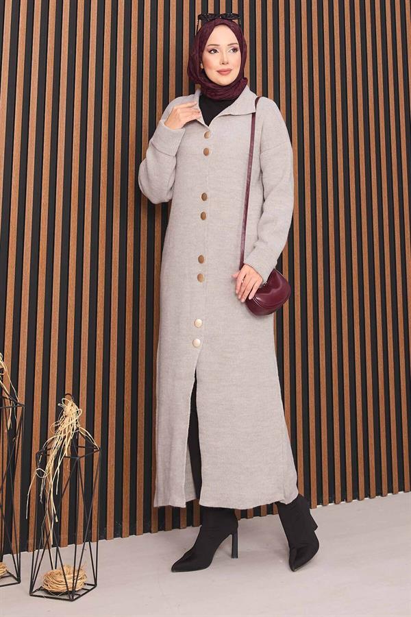 Hijab Knitted Cardigan with Gold Buttons Throughout Stone