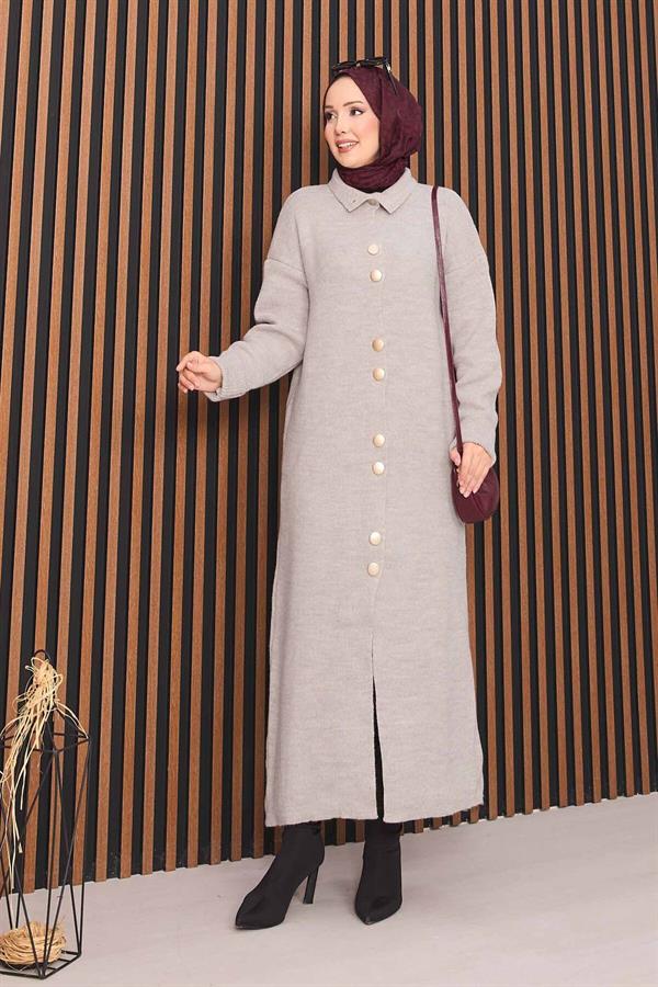 Hijab Knitted Cardigan with Gold Buttons Throughout Stone