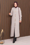 Hijab Knitted Cardigan with Gold Buttons Throughout Stone
