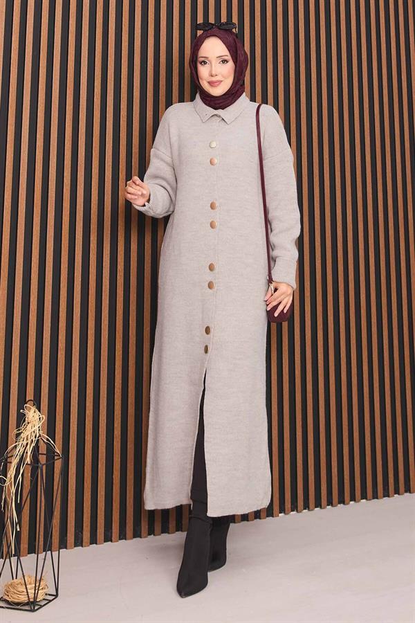 Hijab Knitted Cardigan with Gold Buttons Throughout Stone