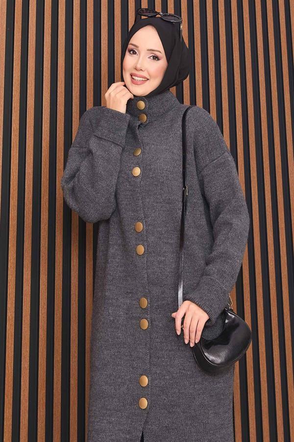 Hijab Knitted Cardigan with Gold Buttons Throughout Anthracite