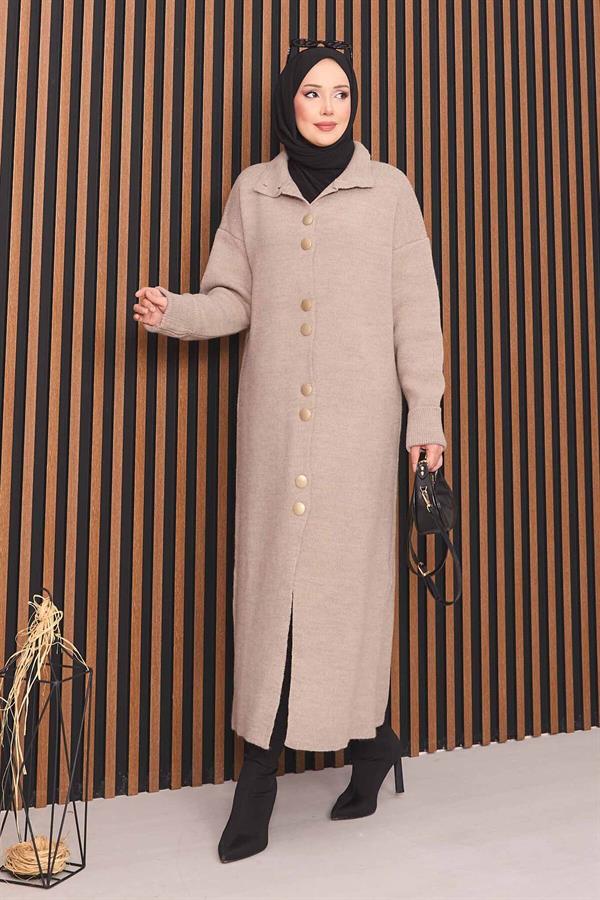 Mink Hijab Knitted Cardigan with Gold Buttons Throughout