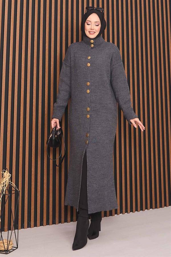 Hijab Knitted Cardigan with Gold Buttons Throughout Anthracite