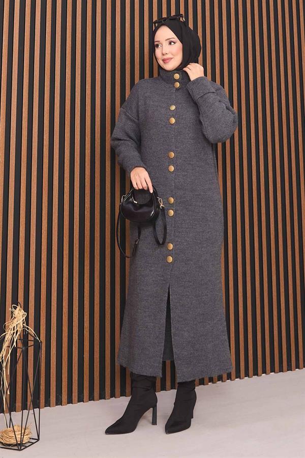 Hijab Knitted Cardigan with Gold Buttons Throughout Anthracite
