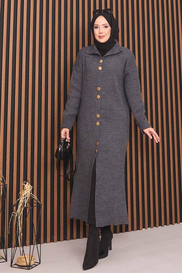 Hijab Knitted Cardigan with Gold Buttons Throughout Anthracite