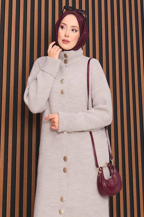 Hijab Knitted Cardigan with Gold Buttons Throughout Stone