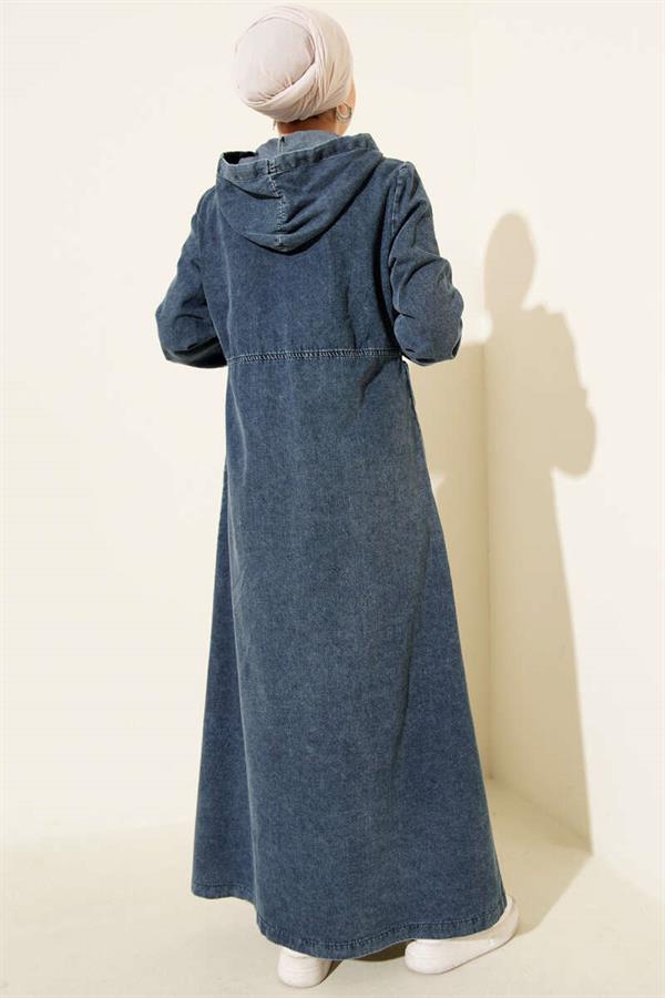 Metal Buttoned Hooded Denim Dress Blue