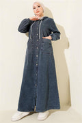 Metal Buttoned Hooded Denim Dress Blue